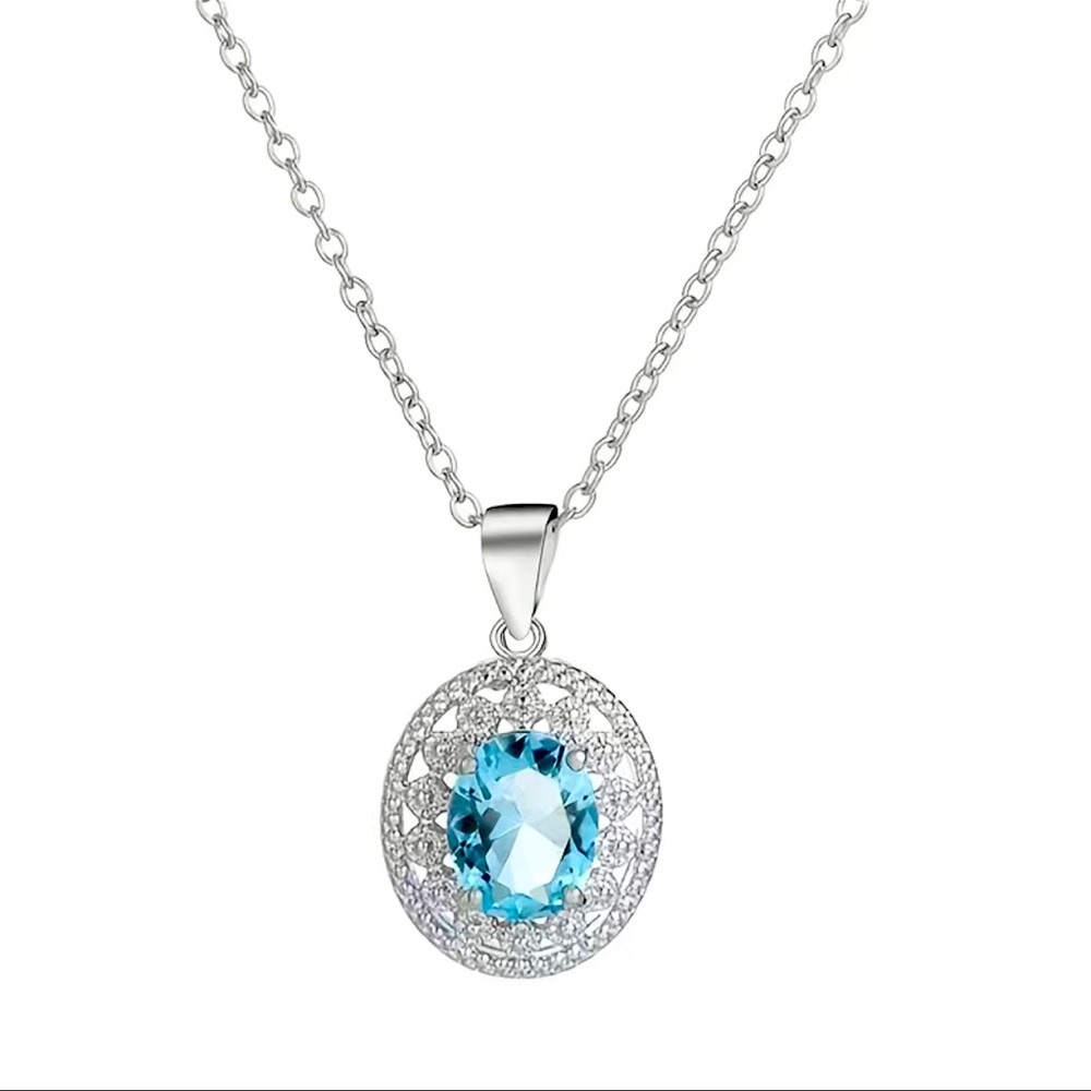 2 CT Oval Simulated Sea Blue Topaz & White Cubic Zirconia Halo Pendant Necklace